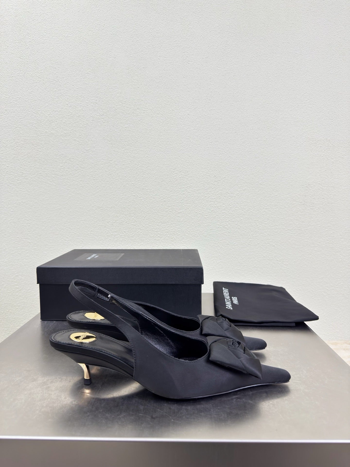 YSL 26S SLINGBACK HIGH HEELS 55 MM IN BLACK SATIN