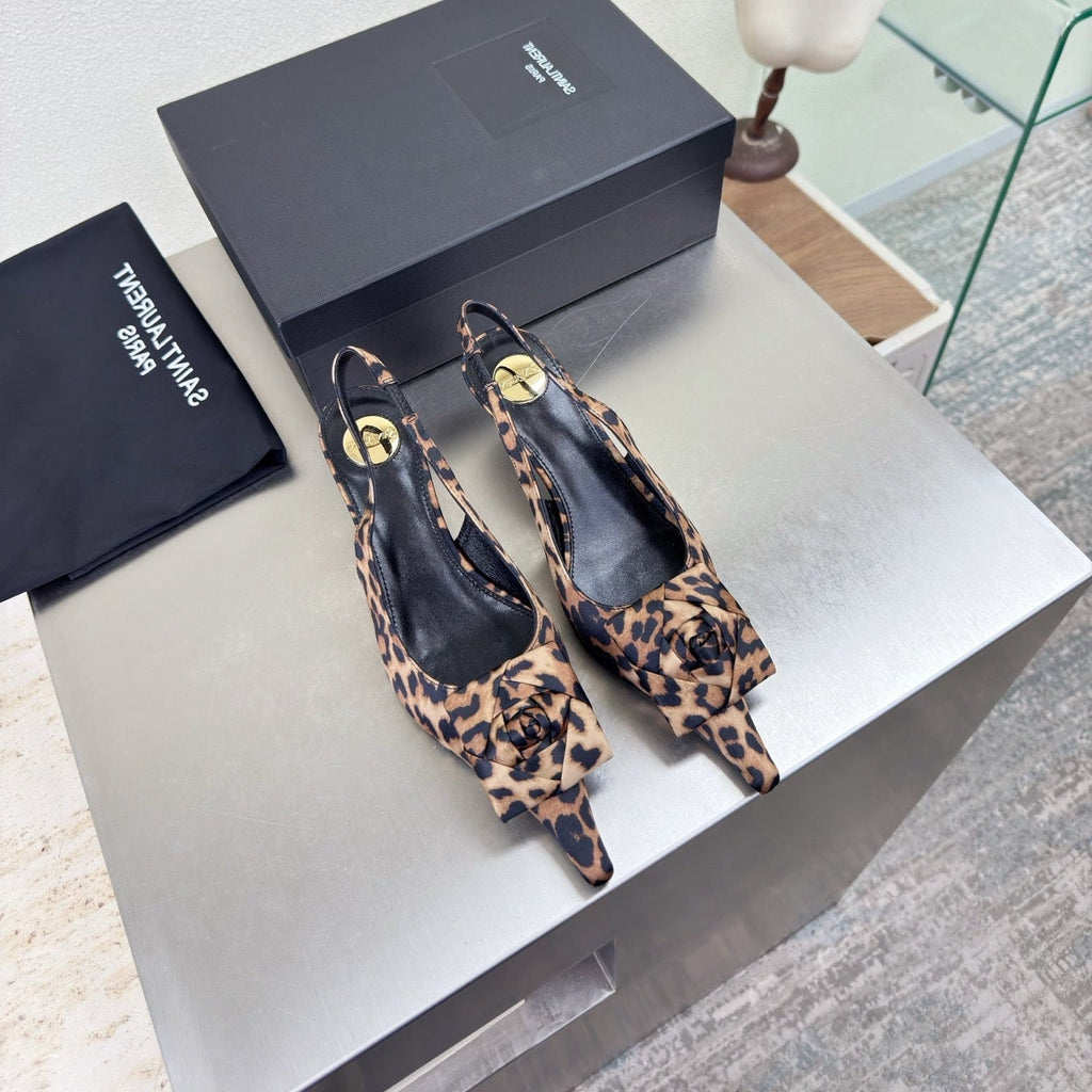 YSL 26S SLINGBACK HIGH HEELS 55 MM IN LEOPARD PRINT SATIN