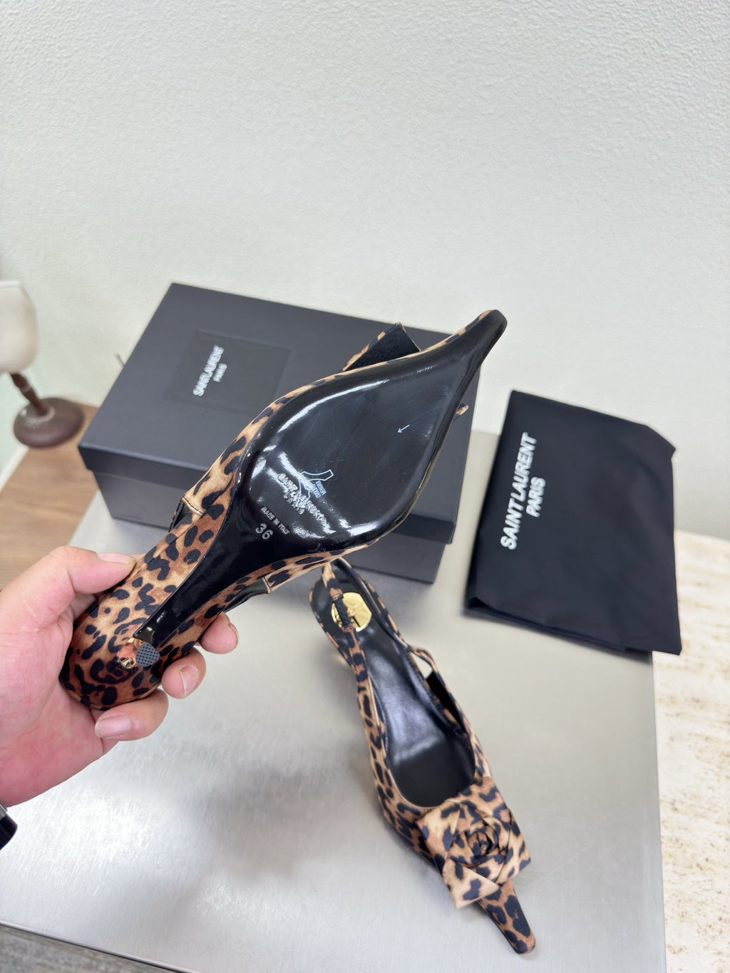 YSL 26S SLINGBACK HIGH HEELS 55 MM IN LEOPARD PRINT SATIN
