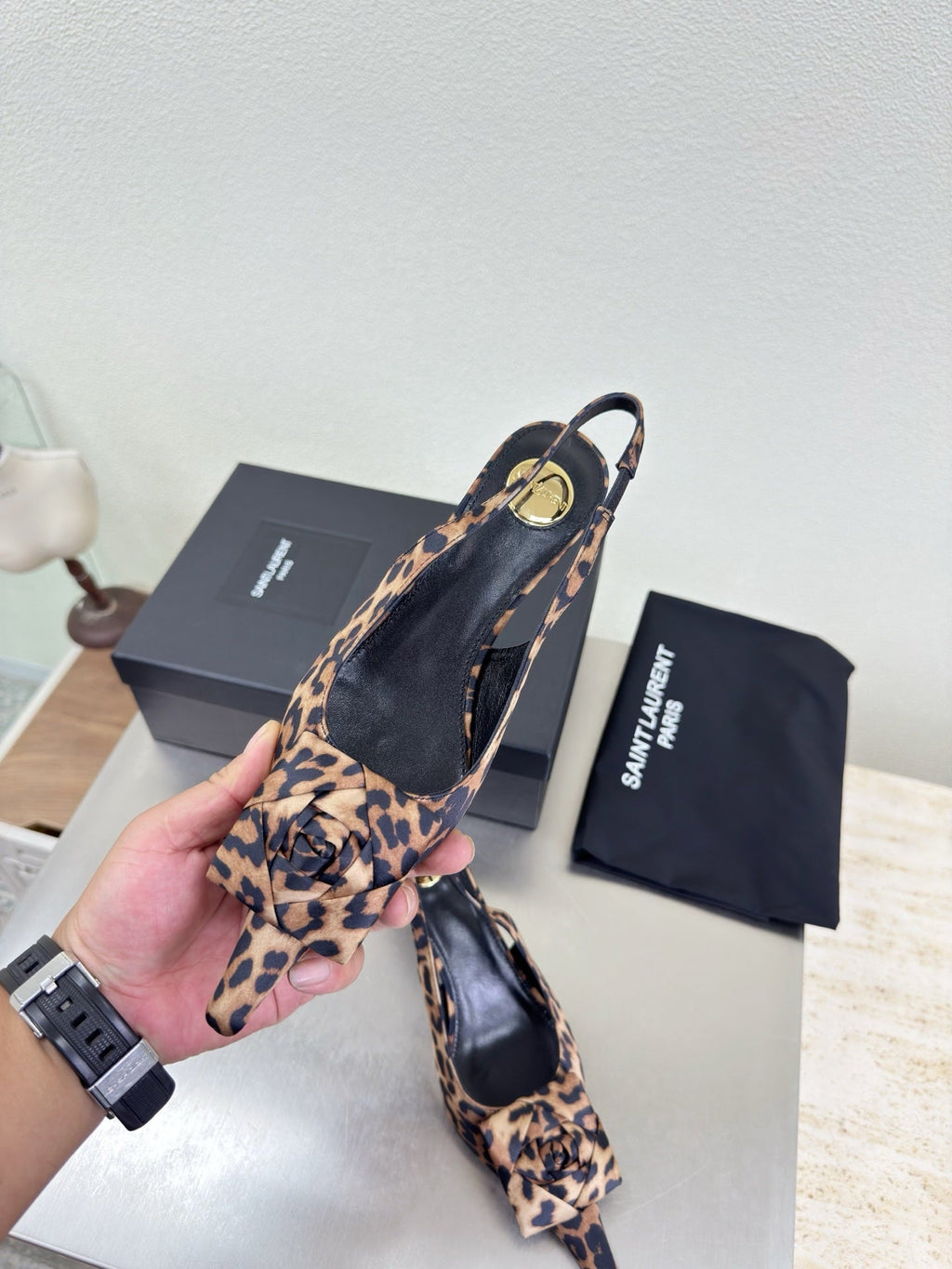 YSL 26S SLINGBACK HIGH HEELS 55 MM IN LEOPARD PRINT SATIN