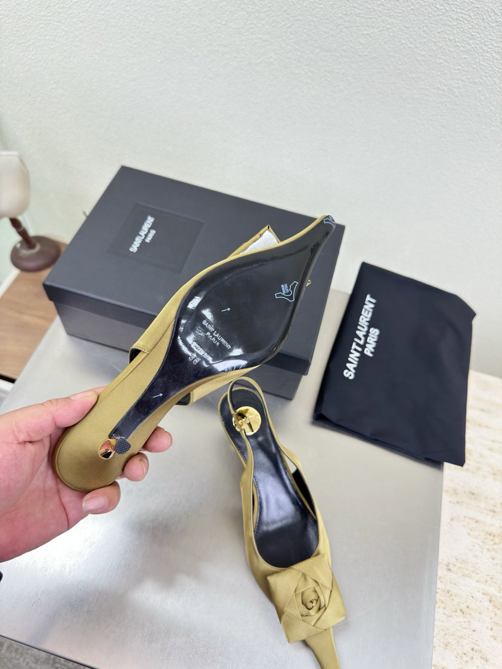 YSL 26S SLINGBACK HIGH HEELS 55 MM IN LIGHT OLIVE GREEN SATIN