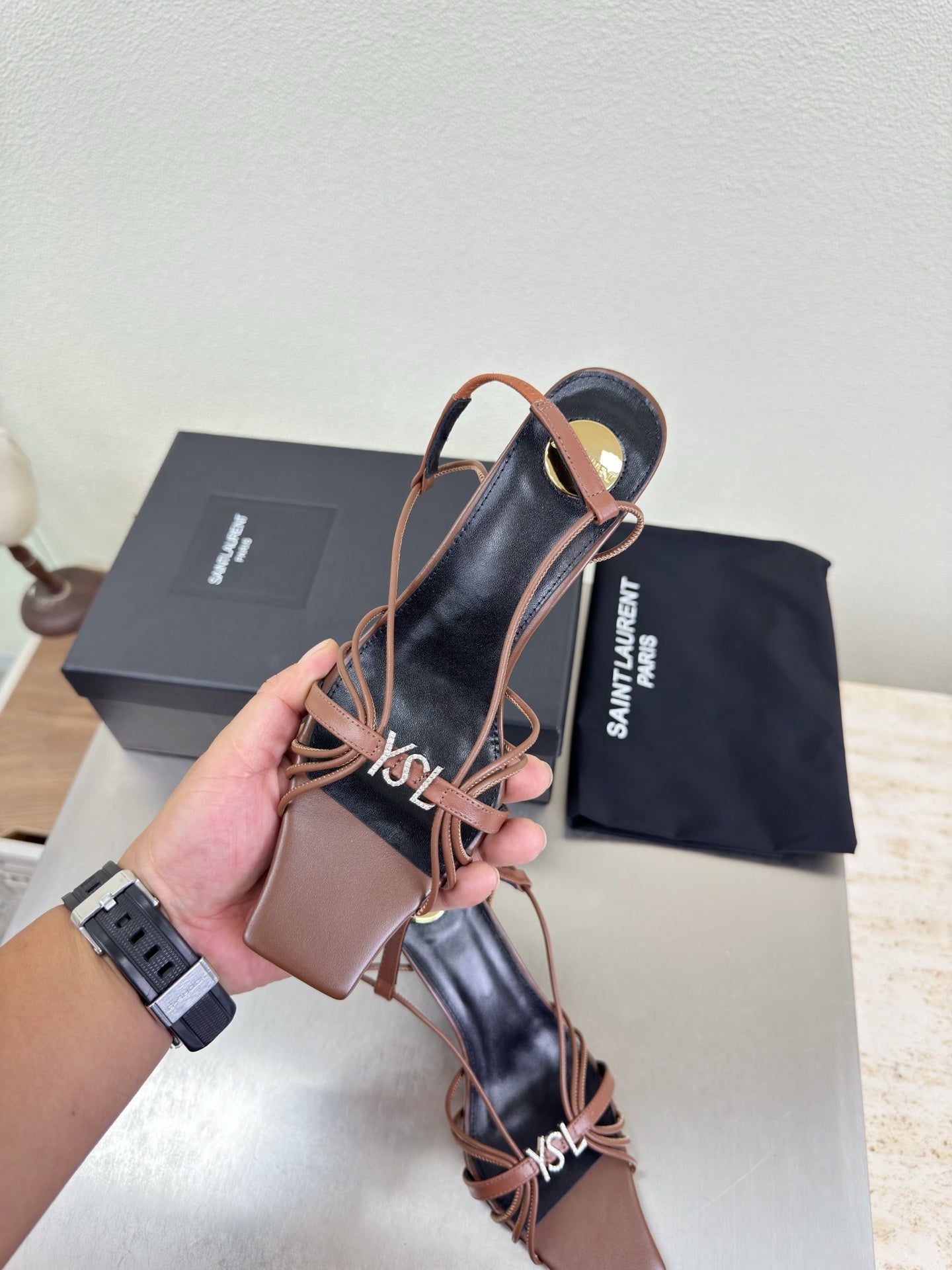 YSL 26S HIGH HEEL SANDALS 85 MM IN BROWN CALFSKIN WITH RHINESTONE LOGO