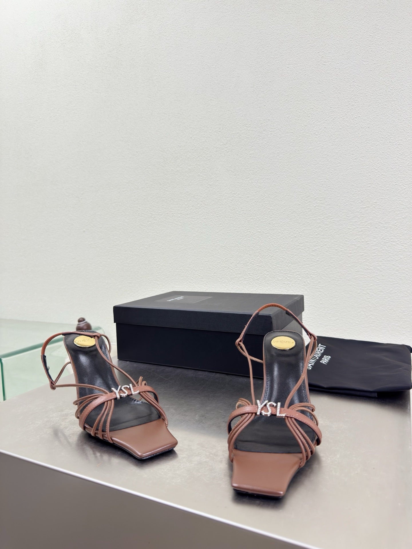 YSL 26S HIGH HEEL SANDALS 85 MM IN BROWN CALFSKIN WITH RHINESTONE LOGO