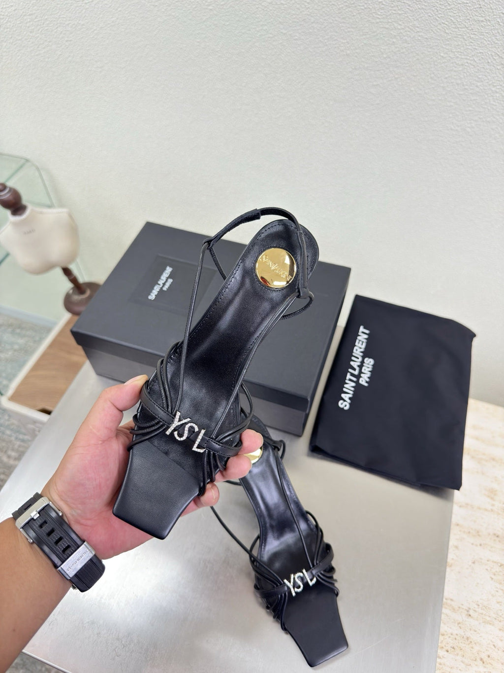 YSL 26S HIGH HEEL SANDALS 85 MM IN BLACK CALFSKIN WITH RHINESTONE LOGO