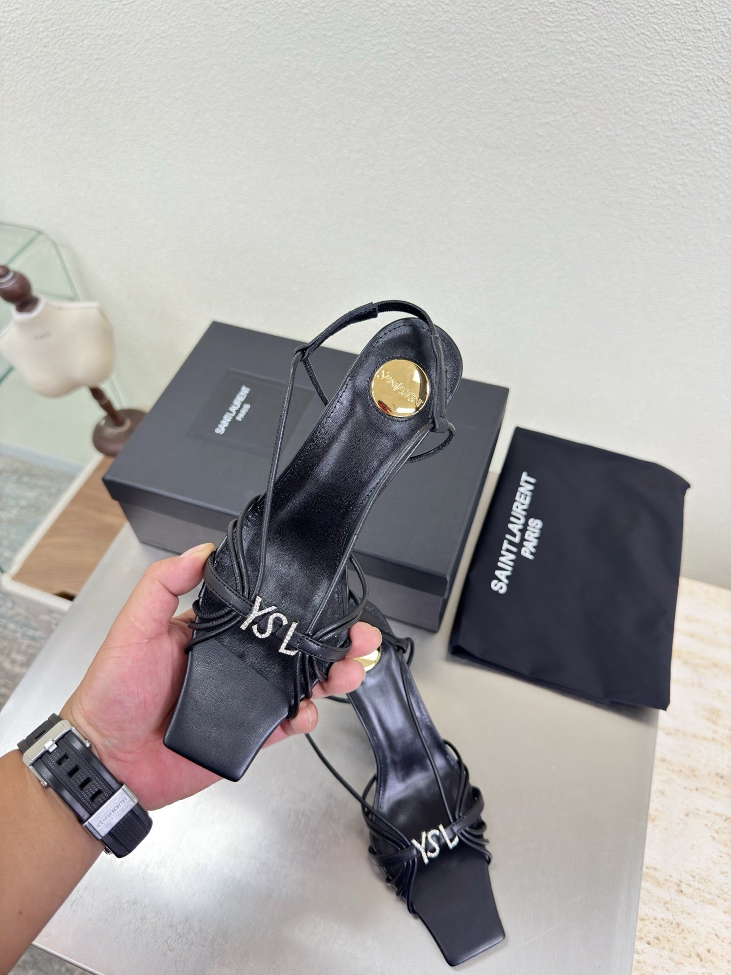 YSL 26S HIGH HEEL SANDALS 85 MM IN BLACK CALFSKIN WITH RHINESTONE LOGO