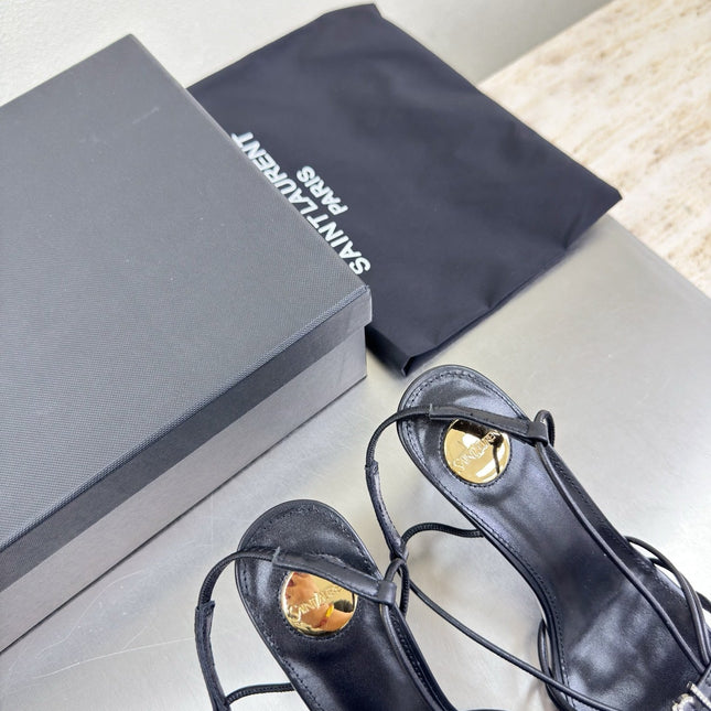 YSL 26S HIGH HEEL SANDALS 85 MM IN BLACK CALFSKIN WITH RHINESTONE LOGO