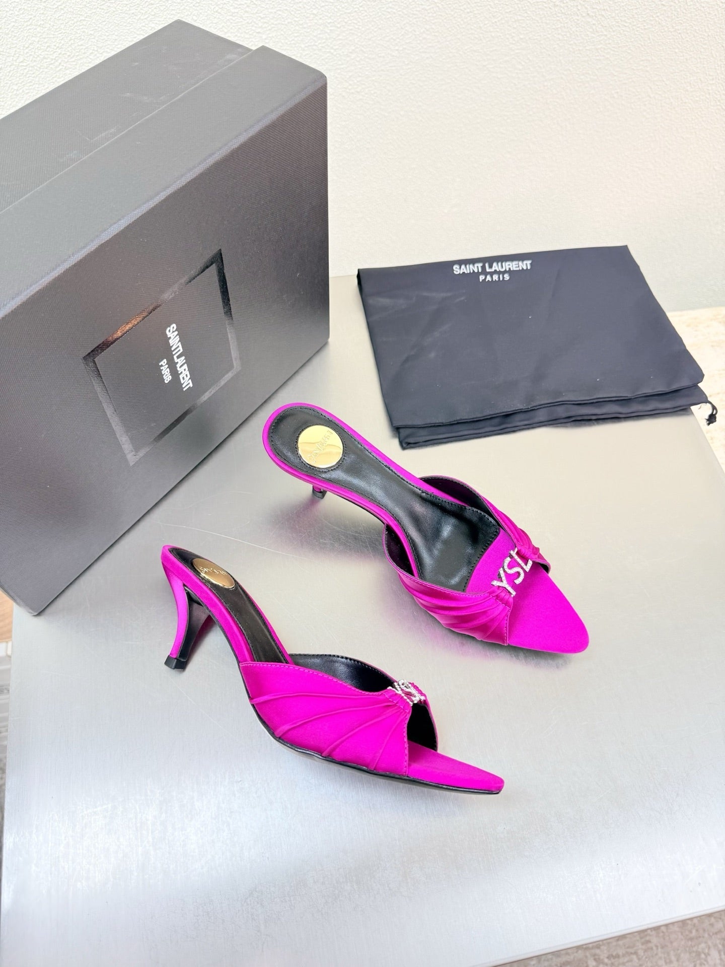 YSL 26S HIGH HEEL SANDALS 65 MM IN DARK PINK FABRIC