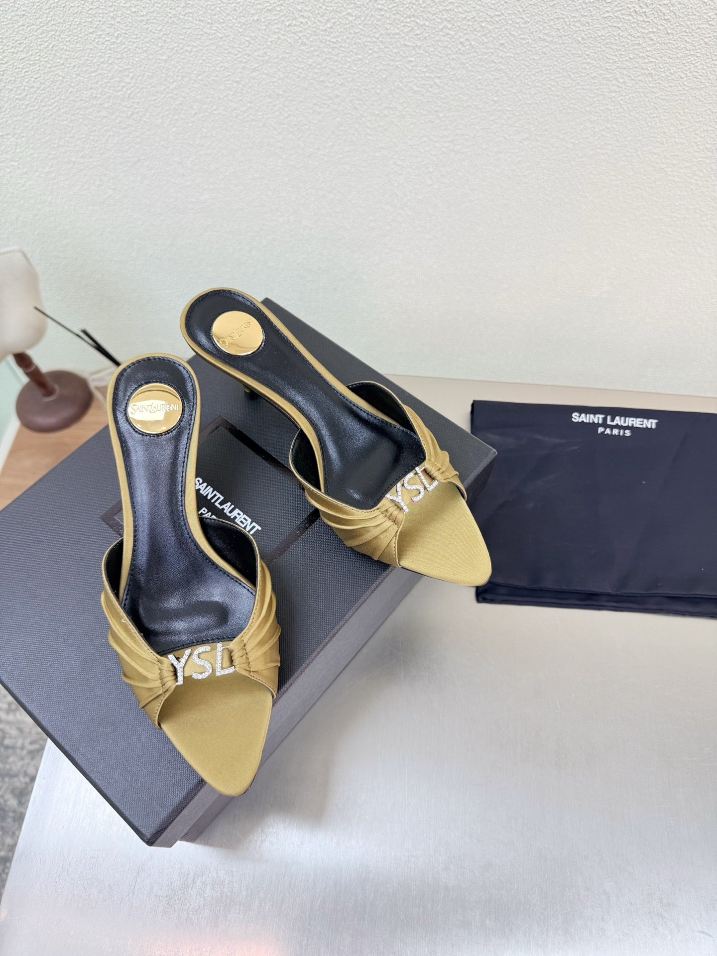 YSL 26S HIGH HEEL SANDALS 65 MM IN LIGHT OLIVE GREEN FABRIC