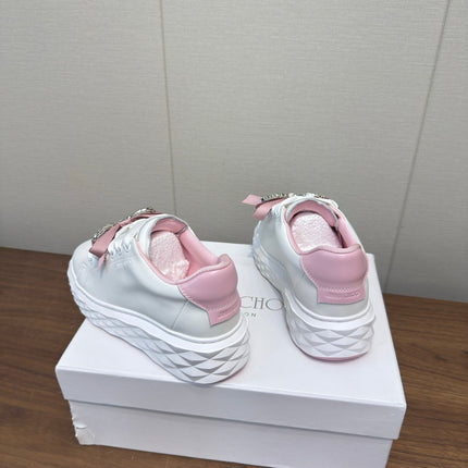 JIMMY CHOO 26S SNEAKERS 55 MM IN WHITE AND PINK CALFSKIN WITH CRYSTAL BOW