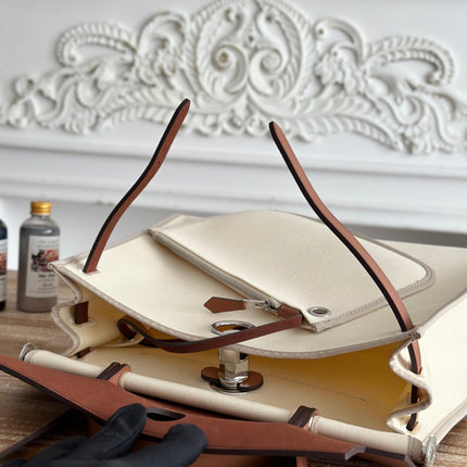 ZIP CABINE 31 BAG IN WHITE CREAM CANVAS AND BRONZE BROWN CALFSKIN