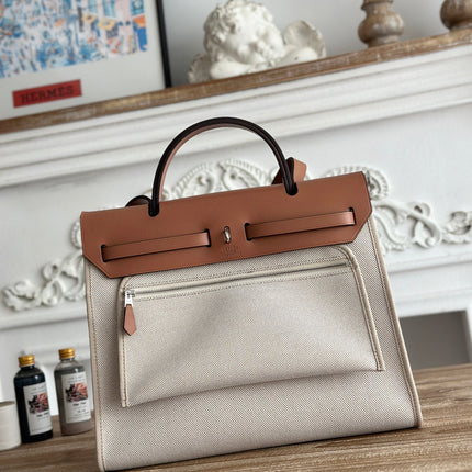 ZIP CABINE 31 BAG IN PALE GRAY CANVAS AND BRONZE BROWN CALFSKIN