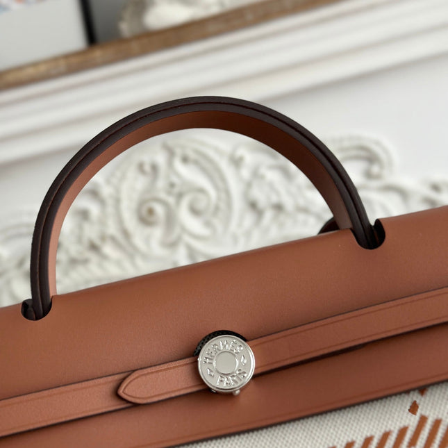 BOLSO HERBAG ZIP 31 RETOURNE BAG IN OFF-WHITE MIX BROWN H VIKING CANVAS AND COWHIDE