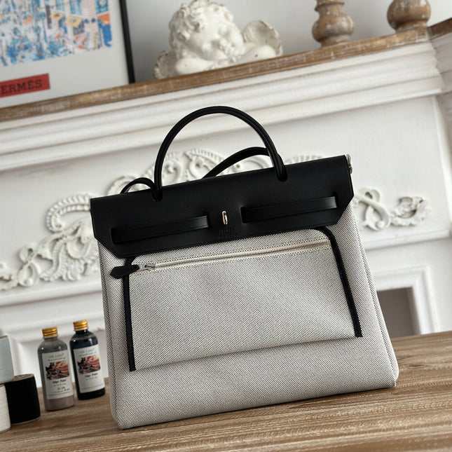 HERBAG ZIP 31 LAQUERED BAG IN OFF-WHITE MIX BLACK H PLUME CANVAS