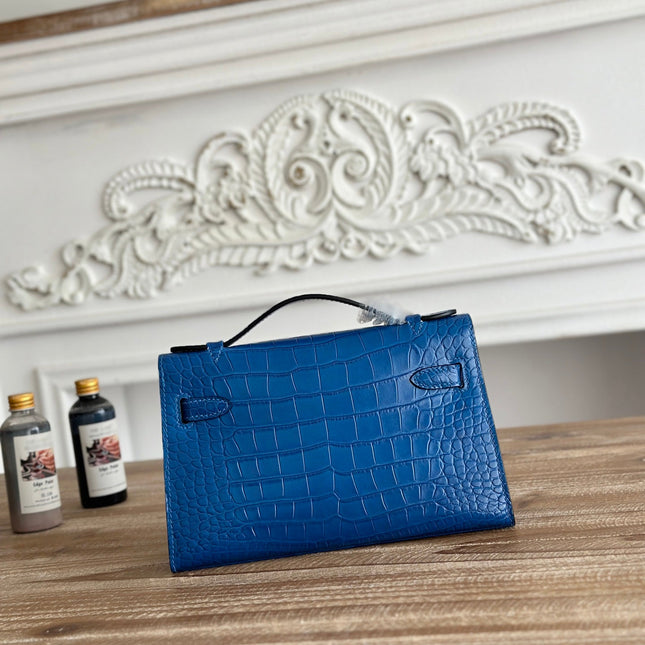 HM 26S KELLY MINI 22CM IN DARK BLUE CROC EMBOSSED CALFSKIN SILVER KELLY BUCKLE