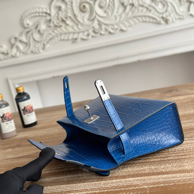 HM 26S KELLY MINI 22CM IN DARK BLUE CROC EMBOSSED CALFSKIN SILVER KELLY BUCKLE