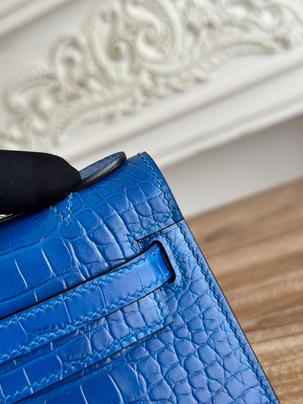 HM 26S KELLY MINI 22CM IN DARK BLUE CROC EMBOSSED CALFSKIN SILVER KELLY BUCKLE