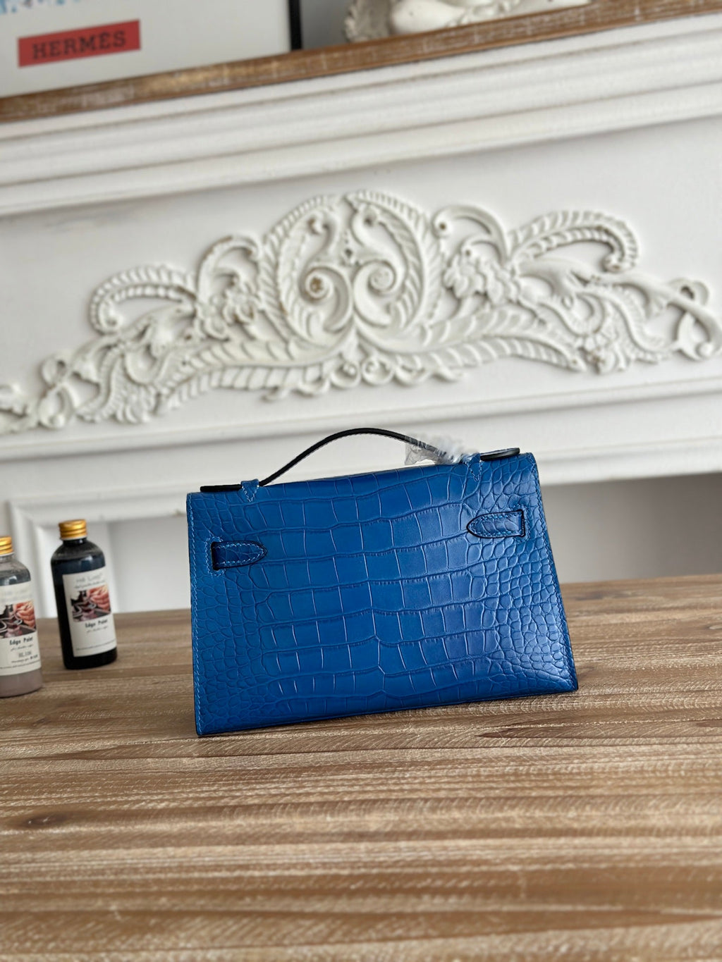 HM 26S KELLY MINI 22CM IN DARK BLUE CROC EMBOSSED CALFSKIN GOLD KELLY BUCKLE