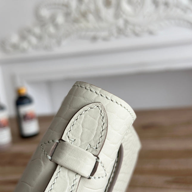 HM 26S KELLY MINI 22MM IN MILKY WHITE CROC EMBOSSED CALFSKIN SILVER KELLY BUCKLE