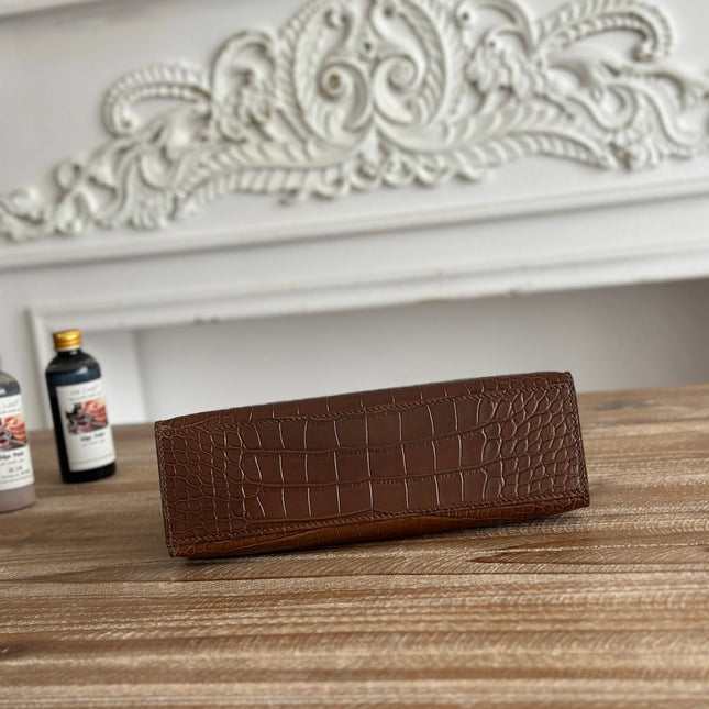 HM 26S KELLY MINI 22MM IN DARK BROWN CROC EMBOSSED CALFSKIN SILVER KELLY BUCKLE