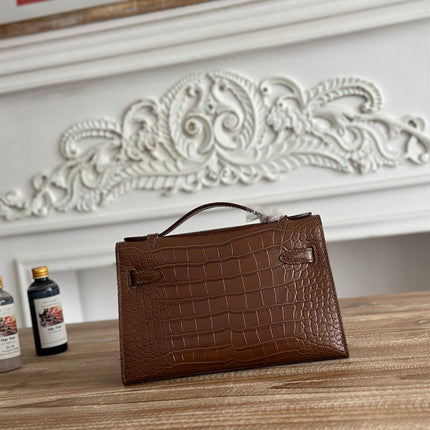 HM 26S KELLY MINI 22CM IN DARK BROWN CROC EMBOSSED CALFSKIN SILVER KELLY BUCKLE