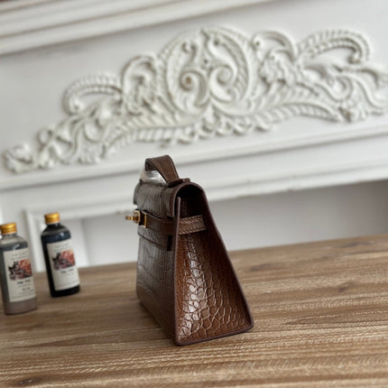 HM 26S KELLY MINI 22CM IN DARK BROWN CROC EMBOSSED CALFSKIN GOLD KELLY BUCKLE