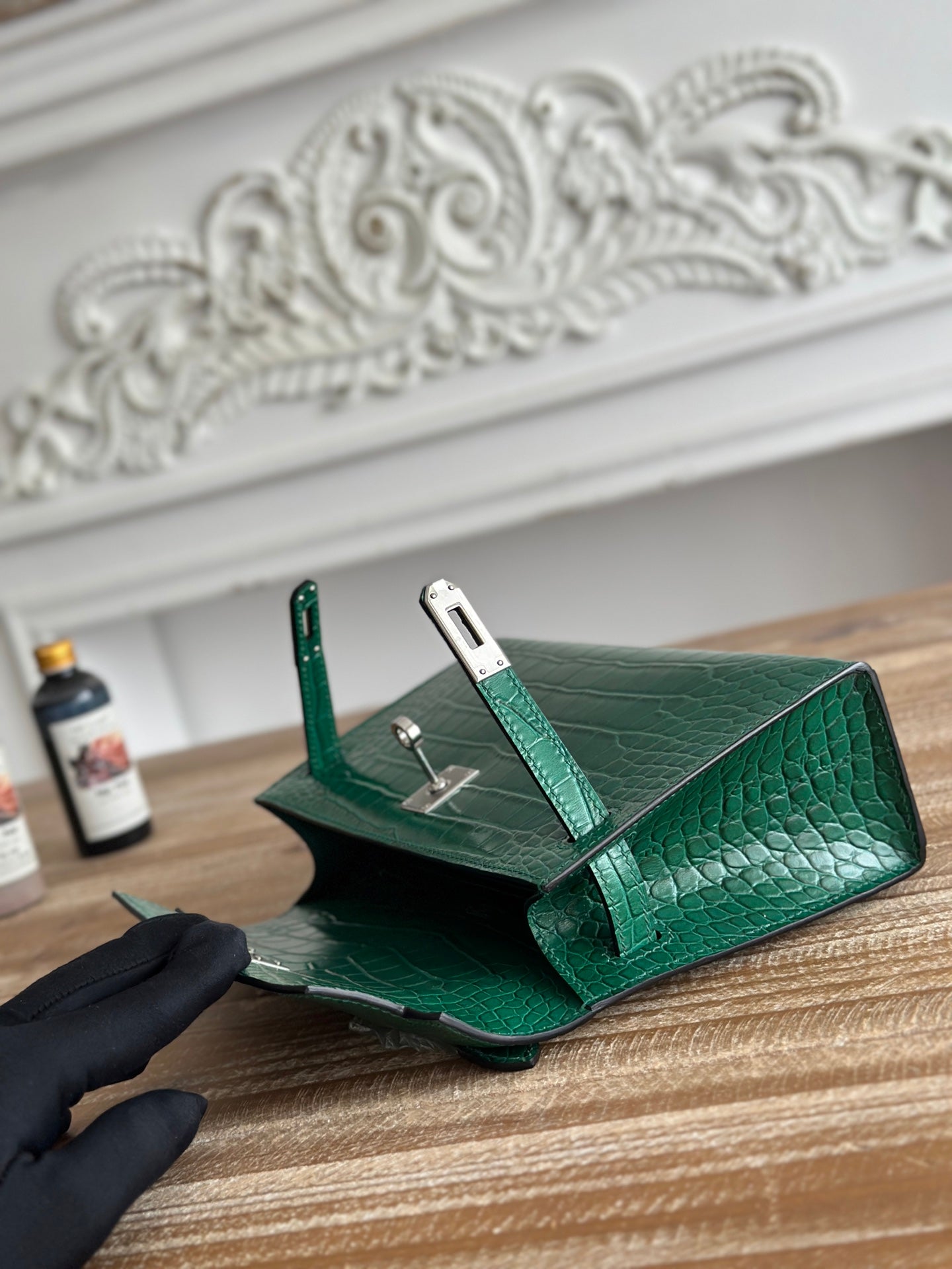 HM 26S KELLY MINI 22CM IN DARK GREEN CROC EMBOSSED CALFSKIN SILVER KELLY BUCKLE