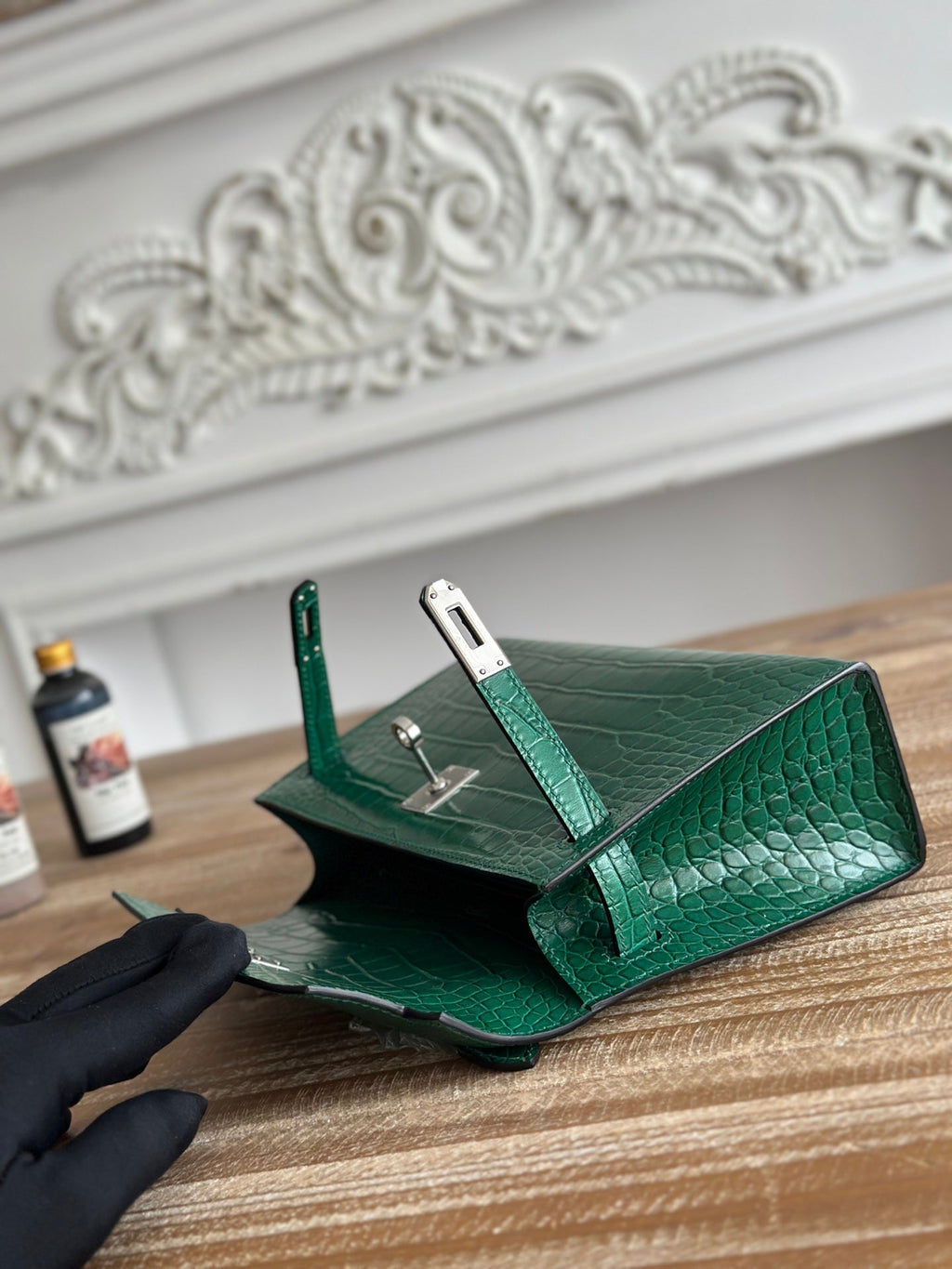 HM 26S KELLY MINI 22MM IN DARK GREEN CROC EMBOSSED CALFSKIN SILVER KELLY BUCKLE