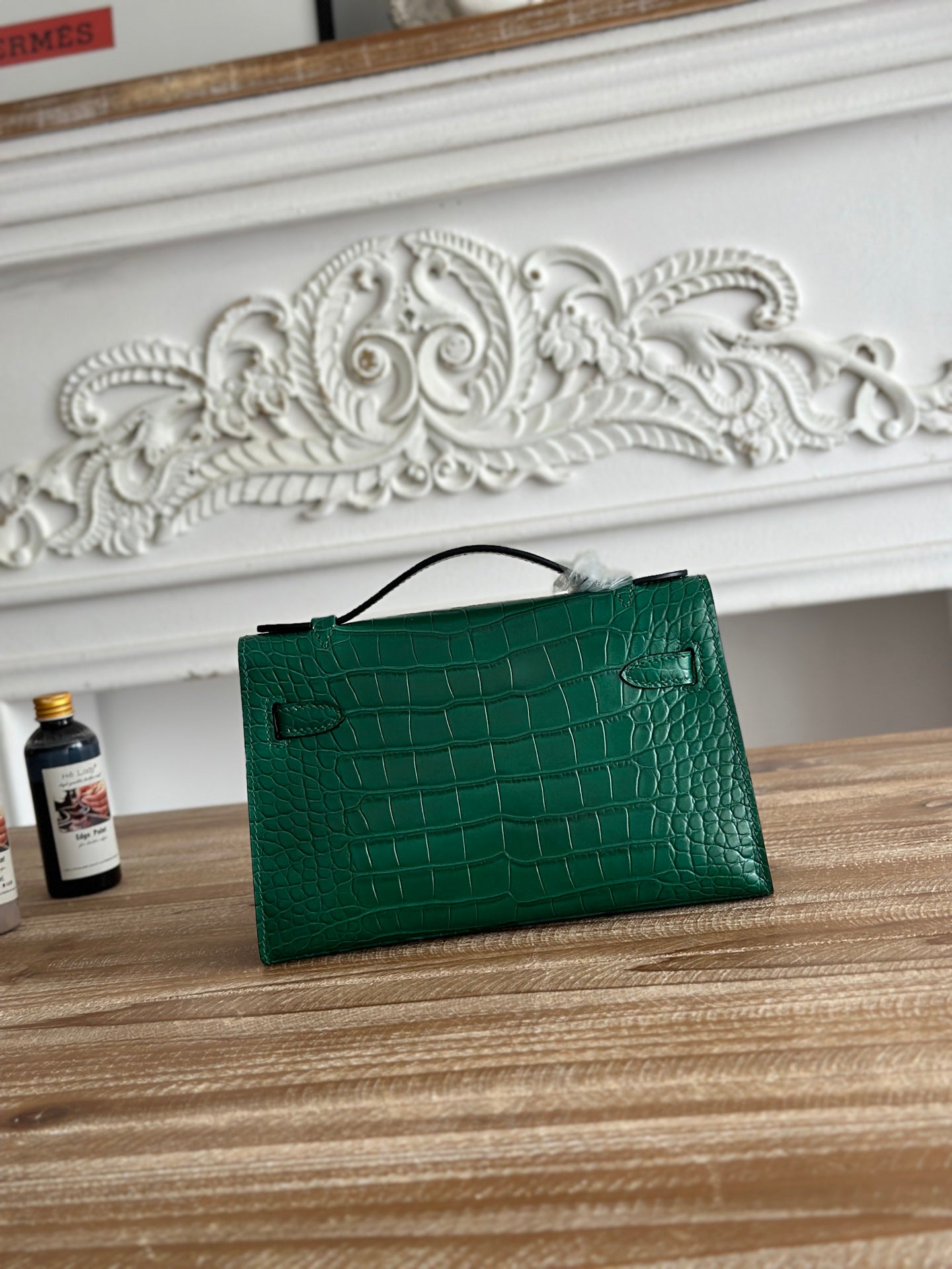 HM 26S KELLY MINI 22CM IN DARK GREEN CROC EMBOSSED CALFSKIN SILVER KELLY BUCKLE