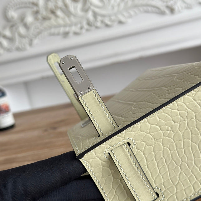 HM 26S KELLY MINI 22CM IN BEIGE CROC EMBOSSED CALFSKIN SILVER KELLY BUCKLE
