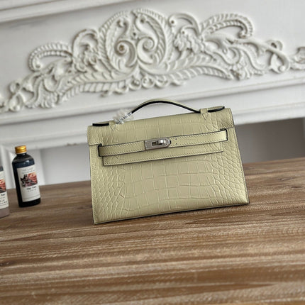 HM 26S KELLY MINI 22MM IN BEIGE CROC EMBOSSED CALFSKIN SILVER KELLY BUCKLE