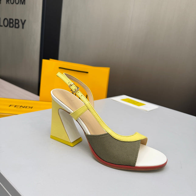 FENDI 26S SLINGBACK SANDALS IN YELLOW CALFSKIN AND GREEN CANVAS