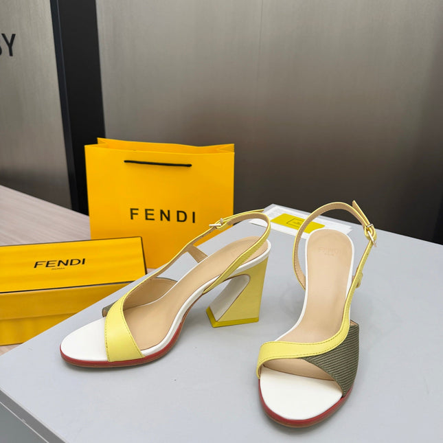 FENDI 26S SLINGBACK SANDALS IN YELLOW CALFSKIN AND GREEN CANVAS