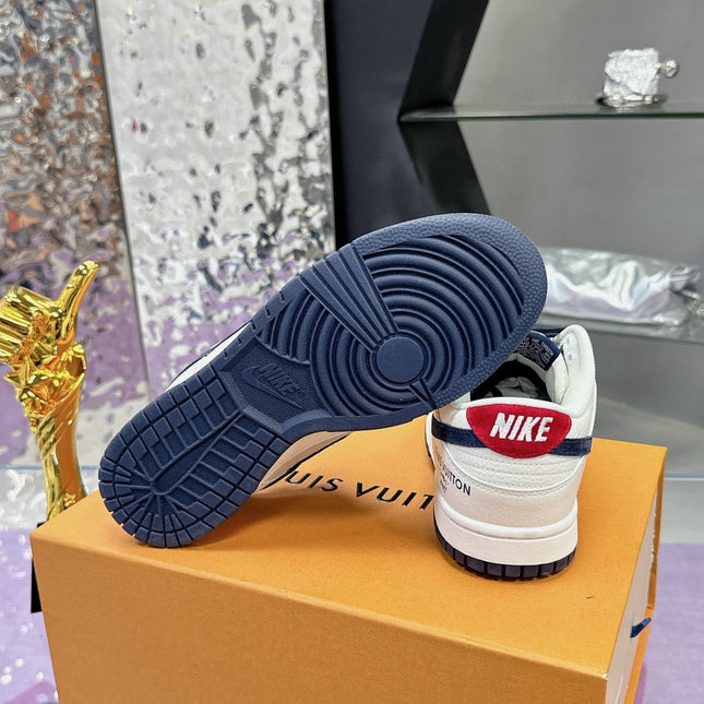 LV 26S DUNK LOW SNEAKERS IN WHITE NAVY CALFSKIN AND SUEDE