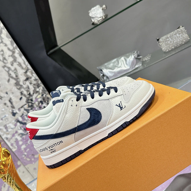 LV 26S DUNK LOW SNEAKERS IN WHITE NAVY CALFSKIN AND SUEDE