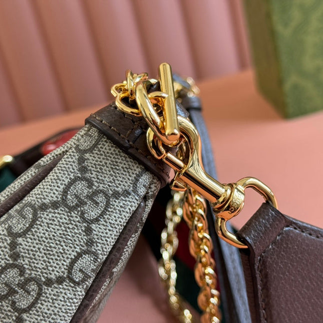 OPHIDIA SMALL SHOULDER BAG 25 IN BEIGE EBONY CANVAS AND DARK BROWN LAMBSKIN GOLD HARDWARE