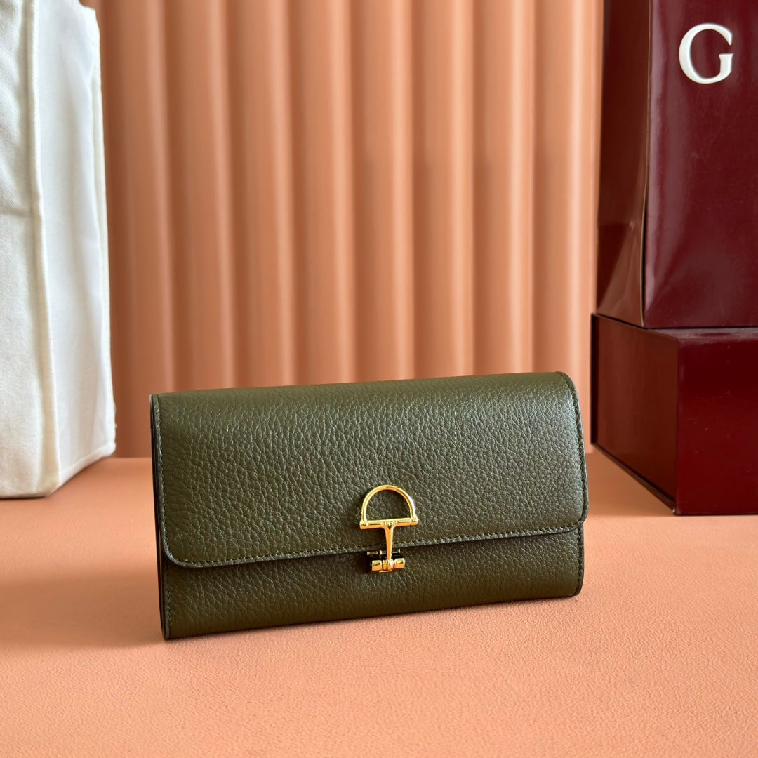 SOFTBIT CONTINENTAL WALLET 19 IN GREEN GRAINY CALFSKIN GOLD HARDWARE