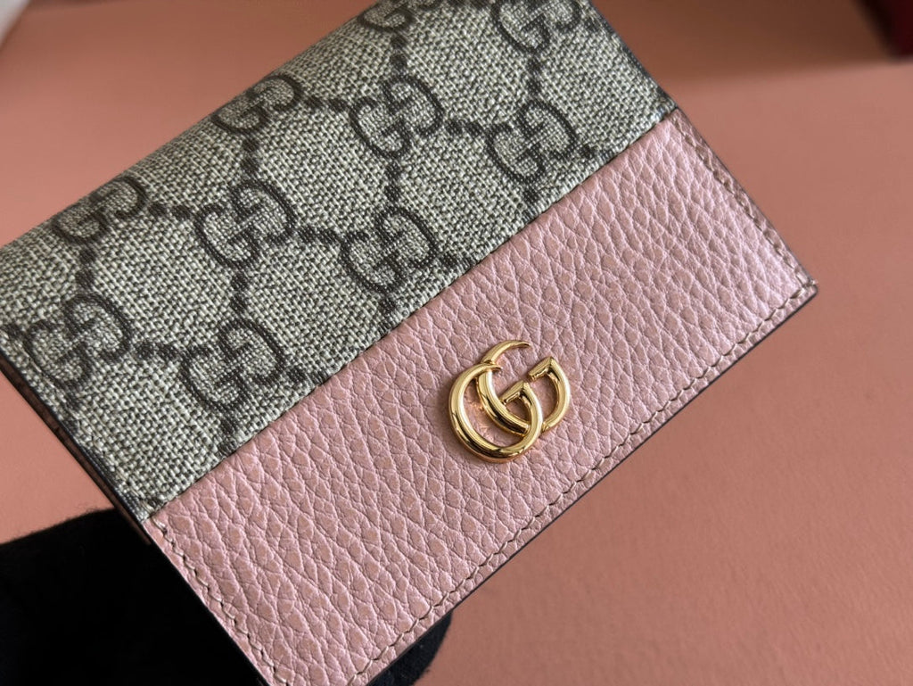 MARMONT BI-COLOUR CARD CASE WALLET 11 IN BEIGE EBONY GG CANVAS PINK CALFSKIN