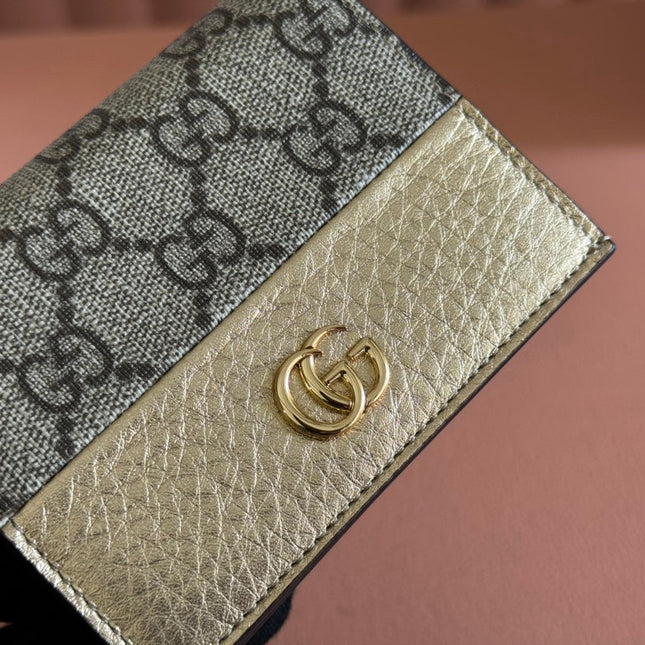 MARMONT BI-COLOUR CARD CASE WALLET 11 IN BEIGE EBONY GG CANVAS GOLD GLOSSY CALFSKIN