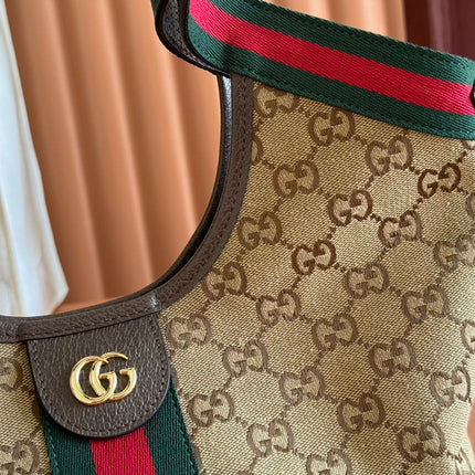 GUCCI GIGLIO TOTE BAG 25 IN BEIGE AND DARK BROWN GG CANVAS