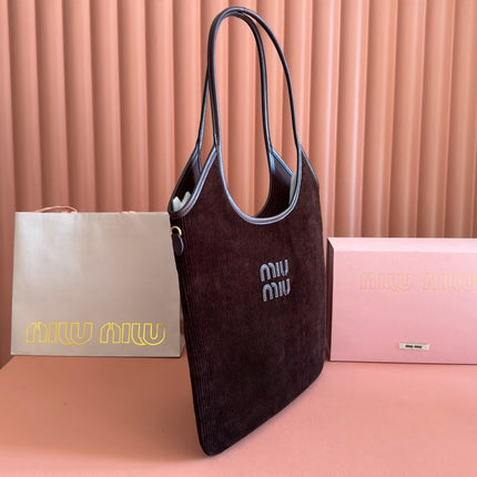MIUMIU 26S IVY 40 TOTE IN CHOCOLATE BROWN CANVAS AND DARK BROWN CALFSKIN