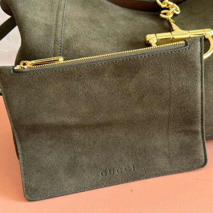 GUCCI 26S SOFTBIT SHOULDER BAG 46 IN DARK OLIVE GREEN SUEDE