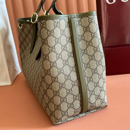 GUCCI 26S TOTE BAG 38 IN DARK BEIGE AND MOSS GREEN CANVAS