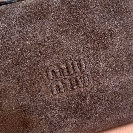 MIUMIU 26S CORDUROY POUCH BAG 25 IN CHOCOLATE BROWN SUEDE GOLD HARDWARE