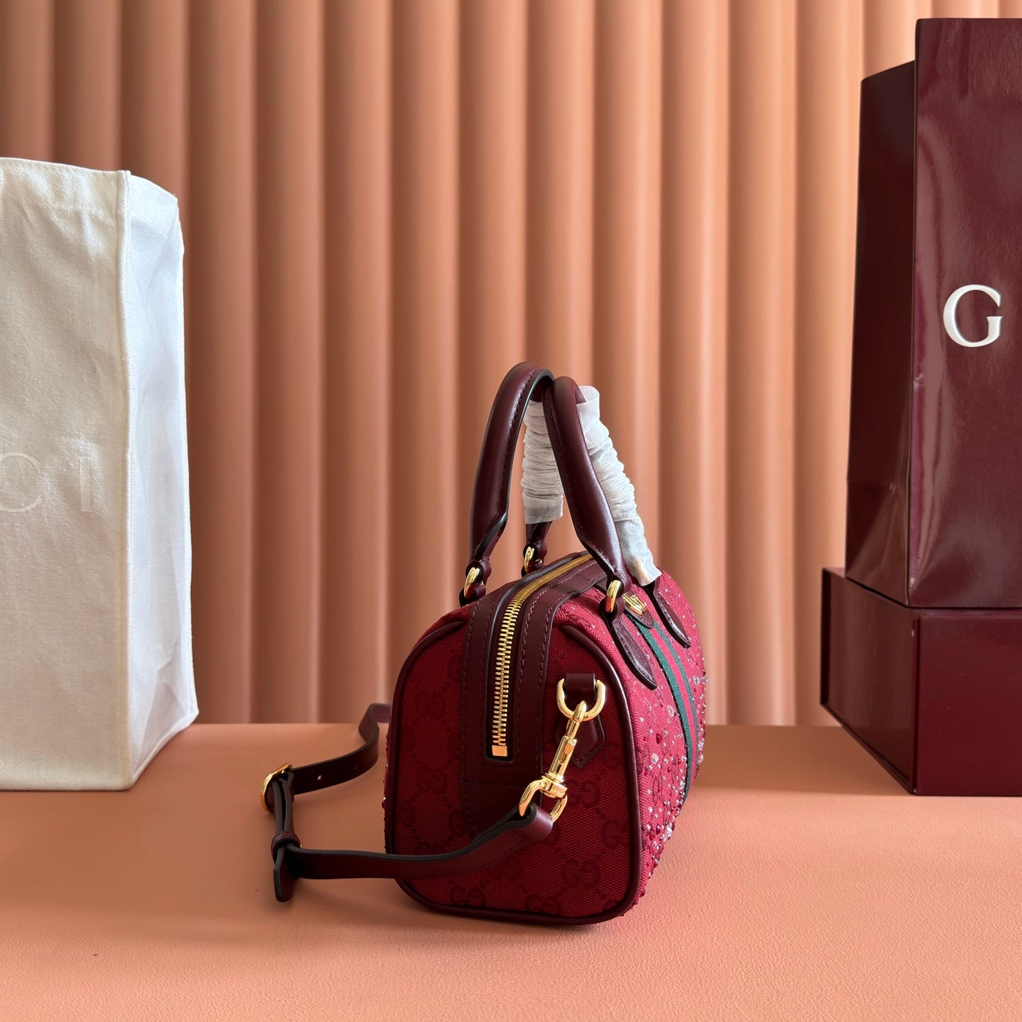 GUCCI 26S OPHIDIA BOSTON BAG 21 IN DARK RED CANVAS EMBELLISHED WITH RHINESTONES
