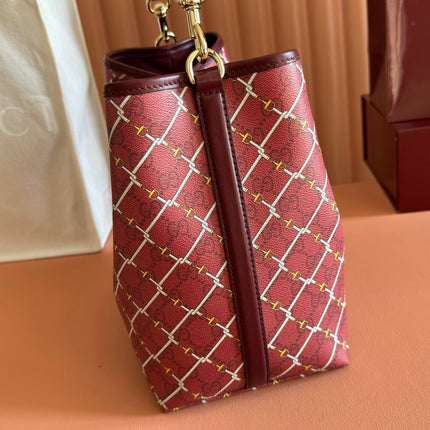 GUCCI 26S GG EMBLEM BUCKET BAG 25 IN DARK RED COATED FABRIC