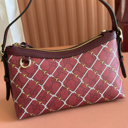 GUCCI 26S GG EMBLEM BUCKET BAG 22 IN DARK RED COATED FABRIC