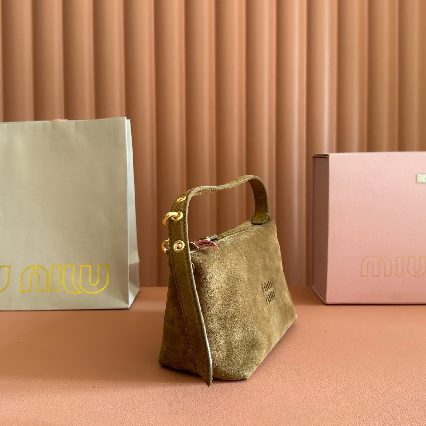 MIUMIU 26S CORDUROY POUCH BAG 25 IN LIGHT BROWN SUEDE