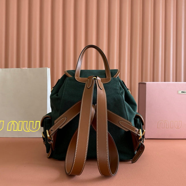 MIUMIU 26S MEDIUM BACKPACK 29 IN DARK GREEN CANVAS AND BROWN CALFSKIN