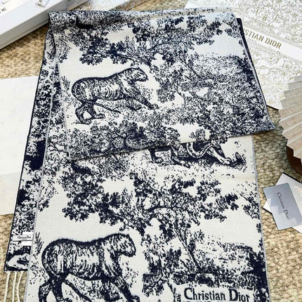 SCARF 220 CM IN NAVY BLUE MIX WHITE MONOGRAM CASHMERE AND WOOL 413656