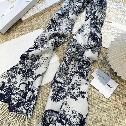 SCARF 220 CM IN NAVY BLUE MIX WHITE MONOGRAM CASHMERE AND WOOL 413656